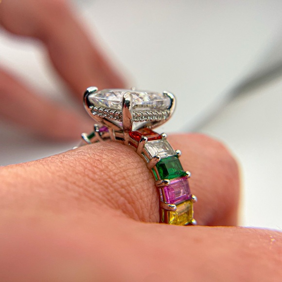 Silver Tone Radiant Cut Cubic Zirconia with Rainbow Stone on Band Size 5.25 - Picture 4 of 10